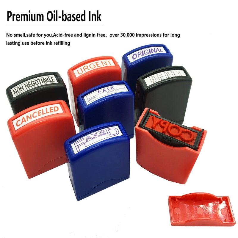 Reliancer Set of 8 Self Inking Pre-Inked Office Stamp 8 Message Account Stamp Office Stationary Stamper Business Paper Work Text Stamps w/Tray RedBlueBlack Ink - Image 5